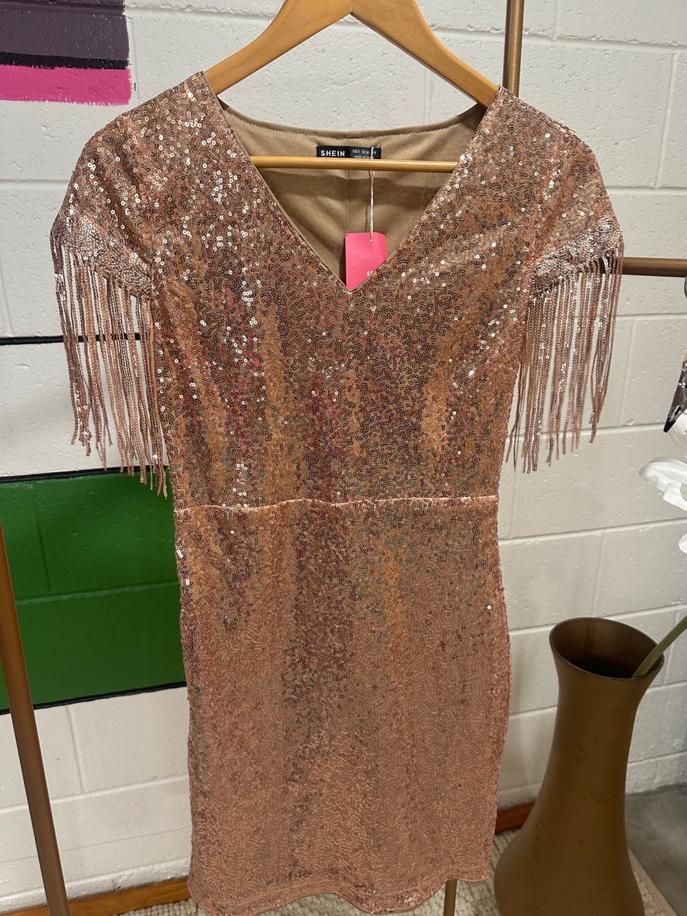 SHEIN Rose Gold Sequin Fringe V-Neck Mini Dress